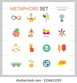 Metaphors vector icon set. Money rain, bread, stop sign, idea. Metaphor concept. Can be used for topics like creativity, business, finance, environment, lifestyle