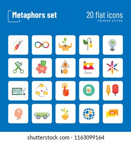 Metaphors vector icon set. Money rain, bread, stop sign, idea. Metaphor concept. Can be used for topics like creativity, business, finance, environment, lifestyle