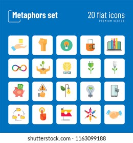 Metaphors vector icon set. Money rain, bread, stop sign, idea. Metaphor concept. Can be used for topics like creativity, business, finance, environment, lifestyle