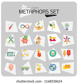 Metaphors vector icon set. Money rain, bread, stop sign, idea. Metaphor concept. Can be used for topics like creativity, business, finance, environment, lifestyle
