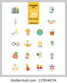 Metaphors vector icon set. Money rain, bread, stop sign, idea. Metaphor concept. Can be used for topics like creativity, business, finance, environment, lifestyle