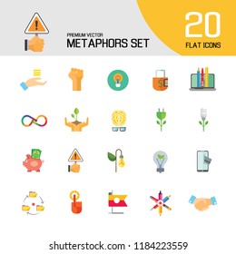Metaphors vector icon set. Money rain, bread, stop sign, idea. Metaphor concept. Can be used for topics like creativity, business, finance, environment, lifestyle