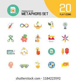 Metaphors vector icon set. Money rain, bread, stop sign, idea. Metaphor concept. Can be used for topics like creativity, business, finance, environment, lifestyle