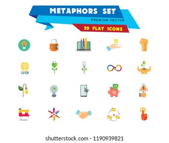 Metaphors vector icon set. Money rain, bread, stop sign, idea. Metaphor concept. Can be used for topics like creativity, business, finance, environment, lifestyle