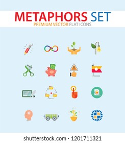 Metaphors vector icon set. Money rain, bread, stop sign, idea. Metaphor concept. Can be used for topics like creativity, business, finance, environment, lifestyle