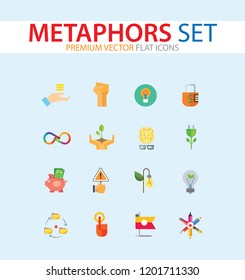 Metaphors vector icon set. Money rain, bread, stop sign, idea. Metaphor concept. Can be used for topics like creativity, business, finance, environment, lifestyle