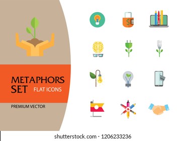 Metaphors vector icon set. Money rain, bread, stop sign, idea. Metaphor concept. Can be used for topics like creativity, business, finance, environment, lifestyle