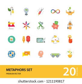 Metaphors vector icon set. Money rain, bread, stop sign, idea. Metaphor concept. Can be used for topics like creativity, business, finance, environment, lifestyle