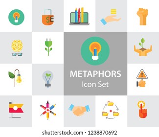 Metaphors vector icon set. Money rain, bread, stop sign, idea. Metaphor concept. Can be used for topics like creativity, business, finance, environment, lifestyle