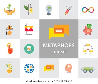 Metaphors vector icon set. Money rain, bread, stop sign, idea. Metaphor concept. Can be used for topics like creativity, business, finance, environment, lifestyle