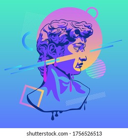 Metarealistic bust David retro futuristic style. Antique sculpture masterpiece David by Michelangelo decorated in modern color style bright graphic surreal vector art classic renaissance.