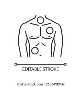 Metastases linear icon. Chest cancer. Thorax and lungs tumors. Spreading of cancer. Pathogenic cells. Thin line illustration. Contour symbol. Vector outline drawing. Editable stroke. Arial font used