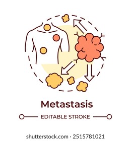 Ícone de conceito de multicor da metástase. Sistema TNM. O câncer se espalhou. Tumor patogênico. Câncer secundário. Ilustração de linha de forma redonda. Ideia abstrata. Design gráfico. Fácil de usar no artigo