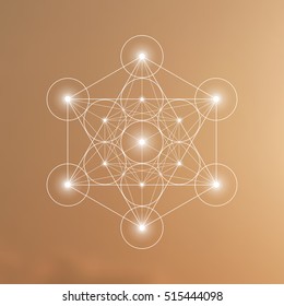 Metatron Cube and Flower of Life futuristic vector illustration in front of natural blurry background. Sacred geometry magic symbol design template.