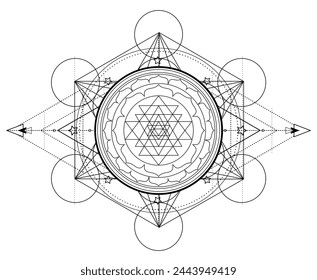 Metatron Cube. Moon pagan Wicca moon goddess symbol. Three-faced Goddess: Maiden – Mother – Crone isolated vector illustration.  Tattoo, astrology, alchemy, boho and magic symbol. Coloring book. 
