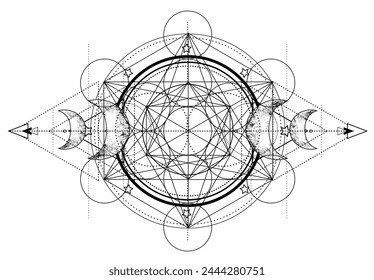 Metatron Cube. Moon pagan Wicca moon goddess symbol. Three-faced Goddess: Maiden – Mother – Crone isolated vector illustration.  Tattoo, astrology, alchemy, boho and magic symbol. Coloring book. 
