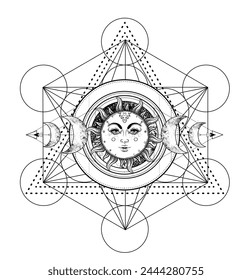 Metatron Cube. Moon pagan Wicca moon goddess symbol. Three-faced Goddess, Maiden,  Mother, Crone isolated vector illustration.  Tattoo, astrology, alchemy, boho and magic symbol. Coloring book.