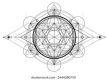 Metatron Cube. Mondheidnische Wicca Mondgöttin Symbol. Dreigesichtige Göttin, Jungfrau, Mutter, Krone isolierte Vektorillustration.  Tattoo, Astrologie, Alchemie, Boho und Zaubersymbol. Malbuch.