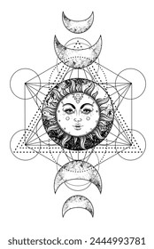 Metatron Cube. Moon pagan Wicca moon goddess symbol. Three-faced Goddess, Maiden,  Mother, Crone isolated vector illustration.  Tattoo, astrology, alchemy, boho and magic symbol. Coloring book.