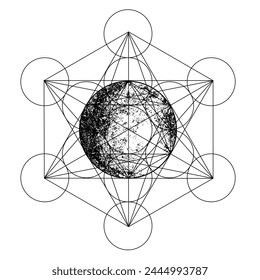 Metatron Cube. Moon pagan Wicca moon goddess symbol. Three-faced Goddess: Maiden – Mother – Crone isolated vector illustration.  Tattoo, astrology, alchemy, boho and magic symbol. Coloring book. 
