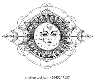 Metatron Cube. Moon pagan Wicca moon goddess symbol. Three-faced Goddess, Maiden, Mother, Crone isolated vector illustration. Tattoo, astrology, alchemy, boho and magic symbol.