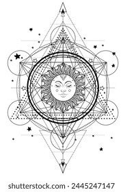 Metatron Cube. Moon pagan Wicca moon goddess symbol. Three-faced Goddess, Maiden, Mother, Crone isolated vector illustration. Tattoo, astrology, alchemy, boho and magic symbol.