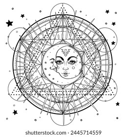 Metatron Cube. Moon pagan Wicca moon goddess symbol. Three-faced Goddess: Maiden – Mother – Crone isolated vector illustration.  Tattoo, astrology, alchemy, boho and magic symbol. Coloring book.