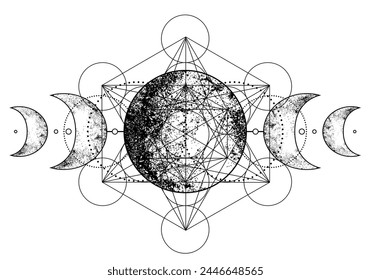 Metatron Cube. Moon pagan Wicca moon goddess symbol. Three-faced Goddess: Maiden – Mother – Crone isolated vector illustration.  Tattoo, astrology, alchemy, boho and magic symbol. Coloring book. 
