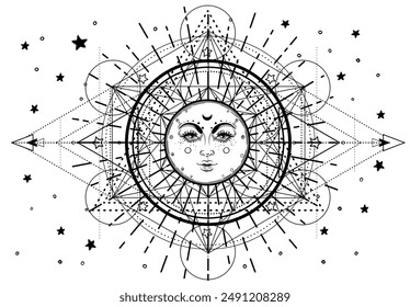 Metatron Cube. Moon pagan Wicca moon goddess symbol. Three-faced Goddess, Maiden, Mother, Crone isolated vector illustration. Tattoo, astrology, alchemy, boho and magic symbol.