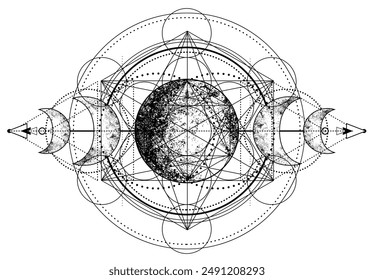 Metatron Cube. Moon pagan Wicca moon goddess symbol. Three-faced Goddess Maiden Mother Crone isolated vector illustration. Tattoo, astrology, alchemy, symbol. Coloring book.