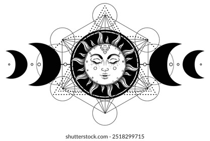 Cubo Metatron. Símbolo da deusa lunar pagã Wicca. Deusa de três faces, Donzela, Mãe, Crone ilustração vetorial isolada. Tatuagem, astrologia, alquimia, boho e símbolo mágico.