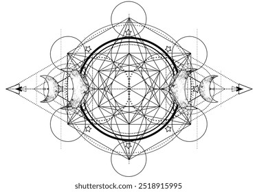 Cubo Metatron. Símbolo da deusa lunar pagã Wicca. Deusa Maiden - Mãe - Crone ilustração vetorial isolada de três faces. Tatuagem, astrologia e símbolo mágico. Livro de cores.