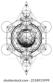 Metatron Cube. Moon pagan Wicca moon goddess symbol. Three-faced Goddess Maiden - Mother - Crone isolated vector illustration. Tattoo, astrology, and magic symbol. Coloring book..