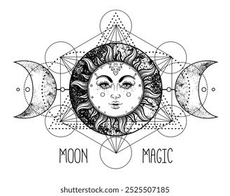 Cubo Metatron. Símbolo da deusa lunar pagã Wicca. Deusa de três faces, Donzela, Mãe, Crone ilustração vetorial isolada. Tatuagem, astrologia, alquimia, boho e símbolo mágico.