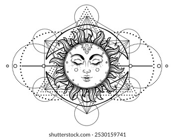 Metatron Cube. Moon pagan Wicca moon goddess symbol. Three-faced Goddess, Maiden, Mother, Crone isolated vector illustration. Tattoo, astrology, alchemy, boho and magic symbol.