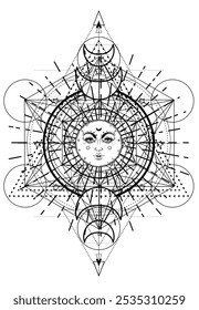 Metatron Cube. Moon pagan Wicca moon goddess symbol. Three-faced Goddess, Maiden, Mother, Crone isolated vector illustration. Tattoo, astrology, alchemy, boho and magic symbol.