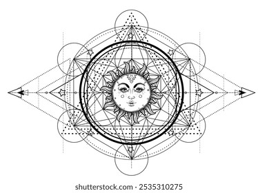 Metatron Cube. Moon pagan Wicca moon goddess symbol. Three-faced Goddess, Maiden, Mother, Crone isolated vector illustration. Tattoo, astrology, alchemy, boho and magic symbol.