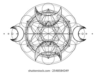 Metatronwürfel. Mondheide Wicca Mondgöttin Symbol. Dreigesichtige Göttin Jungfrau, Mutter, Krone einzelne Vektorgrafik. Tattoo, Astrologie, Alchemie. Malbuch.