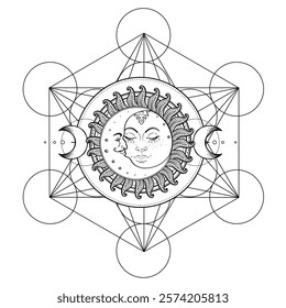 Metatron Cube. Moon pagan Wicca moon goddess symbol. Three-faced Goddess, Maiden, Mother, Crone isolated vector illustration. Tattoo, astrology, alchemy, boho and magic symbol.