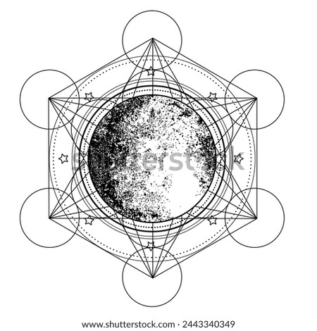 Metatron Cube. Moon pagan Wicca moon goddess symbol. Three-faced Goddess: Maiden – Mother – Crone isolated vector illustration.  Tattoo, astrology, alchemy, boho and magic symbol. Coloring book. 
