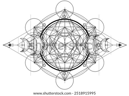 Metatron Cube. Moon pagan Wicca moon goddess symbol. Three-faced Goddess Maiden - Mother - Crone isolated vector illustration. Tattoo, astrology, and magic symbol. Coloring book..