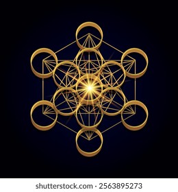 Metatron Cube. Sacred Geometry. A mystical symbol, derived from the Flower of Life. Metallic Golden lines. Illustration. Vector.