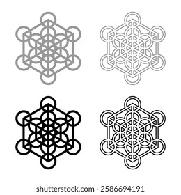 Metatron cube Sacred geometry set icon grey black color vector illustration image solid fill outline contour line thin flat style