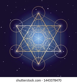 Metatron Cube symbol on a starry sky, elements of sacred geometry.