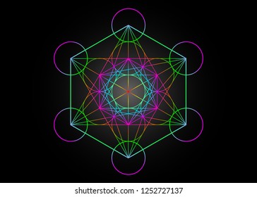 Metatrons Cube, Colorful Flower of Life. Sacred geometry, graphic element Vector isolated Illustration or black background. Mystic icon platonic solids, abstract geometric drawing, typical crop circle