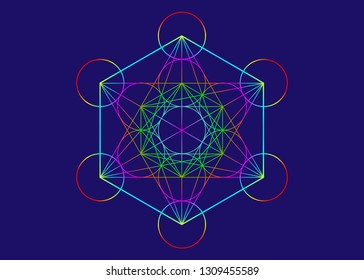 Metatrons Cube, Colorful Flower of Life. Sacred geometry, graphic element Vector isolated Illustration or blue background. Mystic icon platonic solids, abstract geometric drawing, typical crop circle