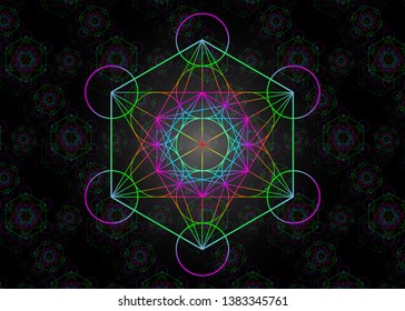 Metatrons Cube, Colorful Flower of Life. Sacred geometry, graphic element Vector isolated or psychedelic background. Mystic icon platonic solids, abstract geometric drawing, typical crop circle