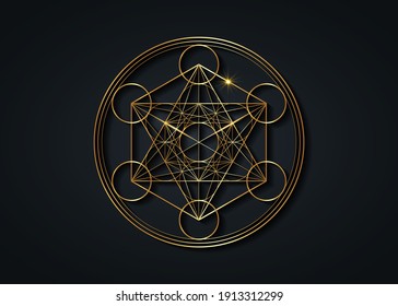 Metatrons Würfel, Blume des Lebens. Gold Heilige Geometrie. Mystische goldene Ikone platonische Feststoffe Merkabah, abstrakte geometrische Zeichnung, Schnittkreise Zeichen. Grafiklogo-Element Vektor einzeln auf Schwarz 