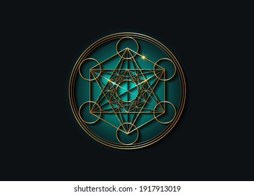 Metatrons Würfel, Blume des Lebens. Gold Heilige Geometrie. Mystische goldene Ikone platonische Feststoffe Merkabah, abstrakte geometrische Zeichnung, Schnittkreise Zeichen. Grafiklogo-Element Vektor einzeln auf Schwarz 