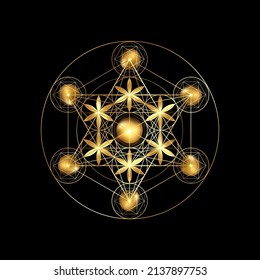 Metatrons Würfel, Blume des Lebens. Gold Heilige Geometrie. Mystische goldene Ikone platonische Feststoffe Merkabah, abstrakte geometrische Zeichnung, Schnittkreise Zeichen. Grafiklogo-Element Vektor einzeln auf Schwarz 